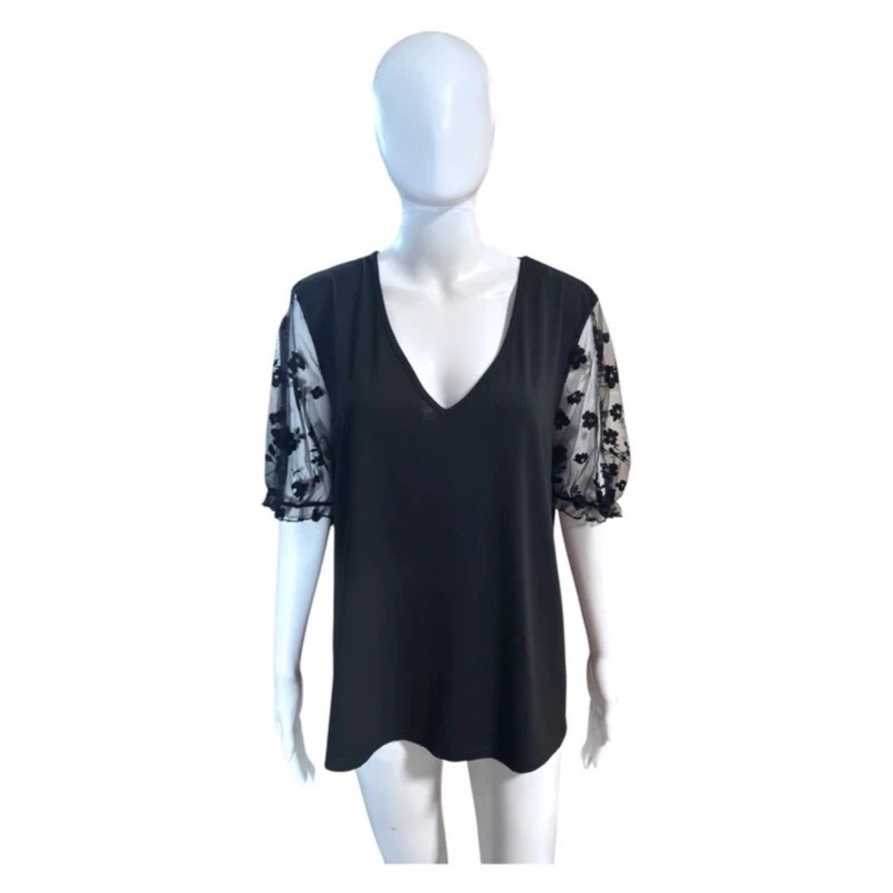 SHEIN Black Top with Sheer Floral Sleeves